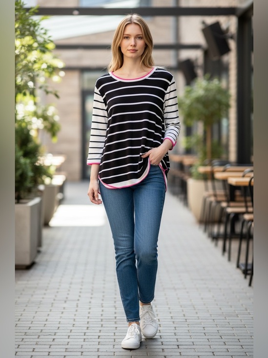 CJ Banks Tops - CJ Banks Black and White Striped Top with Pink Trim